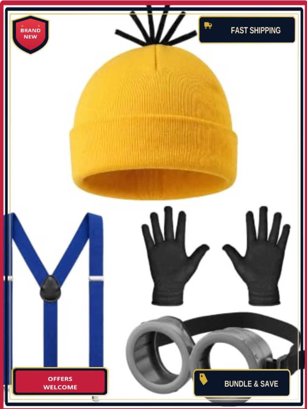 Adult Halloween Costume Accessory Set Goggle Beanie Suspenders Gloves